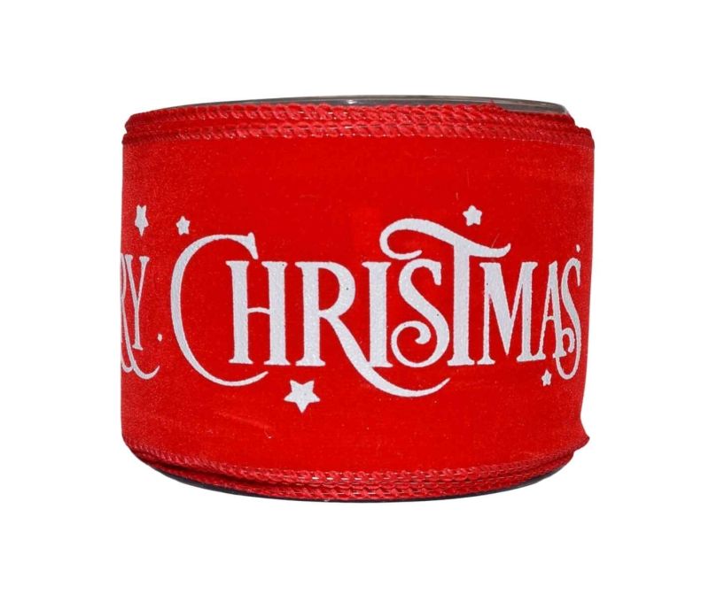 Ruban de Noël rouge Merry Christmas blanc velours 9M