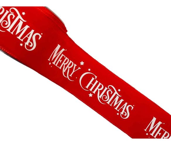 Ruban de Noël rouge Merry Christmas blanc velours 9M