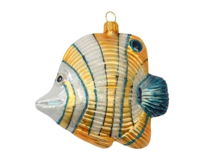 Boule de Noël poisson jaune blanc verre soufflé H 10cm