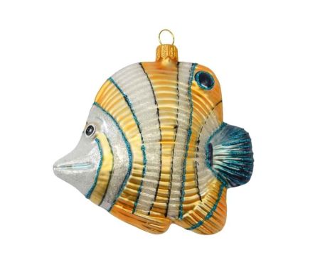 Boule de Noël poisson jaune blanc verre soufflé H 10cm