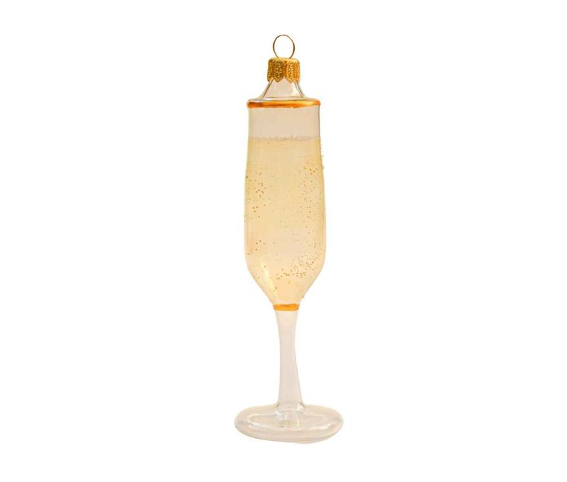 Boule de Noël verre soufflé forme coupe champagne transparente dorée reflets pailletés H14cm