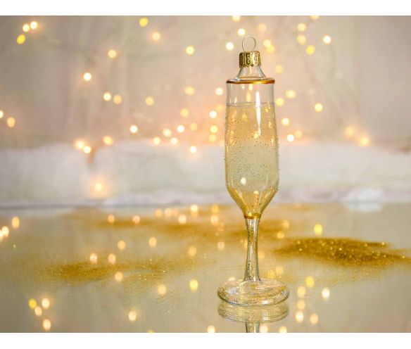 Boule de Noël verre soufflé forme coupe champagne transparente dorée reflets pailletés H14cm