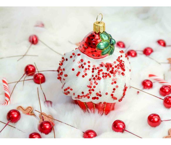 Boule de Noël cupcake fraise verre soufflé H10cm