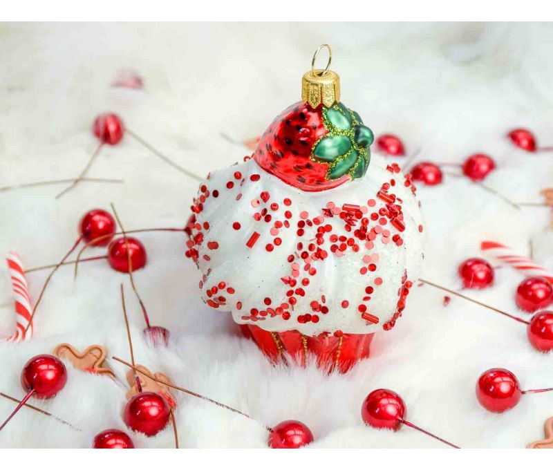 Boule de Noël cupcake fraise verre soufflé H10cm
