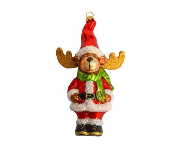 Boule de Noël verre soufflé renne debout costume Père Noël rouge chapeau rouge bois pailletés dorés H15cm