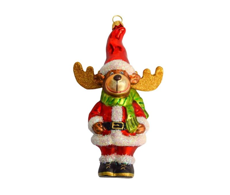 Boule de Noël verre soufflé renne debout costume Père Noël rouge chapeau rouge bois pailletés dorés H15cm