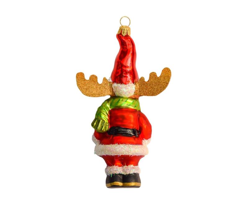 Boule de Noël verre soufflé renne debout costume Père Noël rouge chapeau rouge bois pailletés dorés H15cm