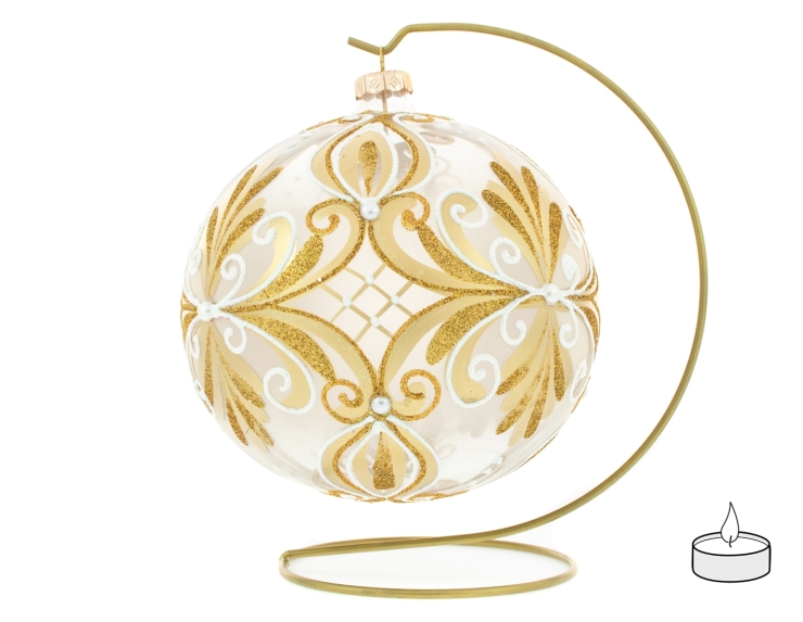Boule De Noël Photophore En Verre Décor Baroque Or Et Blanc Avec Support ø 15cm
