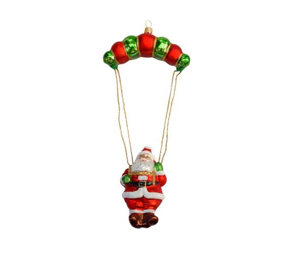 Boule de Noël verre soufflé Père Noël en parachute rouge vert voilure rouge verte segments cordages dorés peint main H23cm