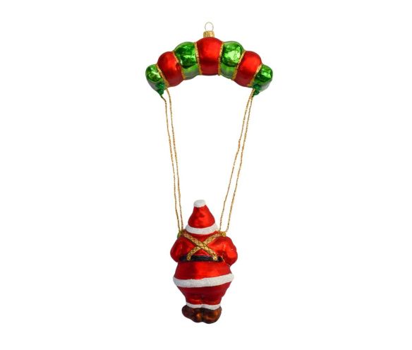 Boule de Noël verre soufflé Père Noël en parachute rouge vert voilure rouge verte segments cordages dorés peint main H23cm