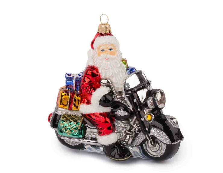 Père Noël à moto verre soufflé H10cm