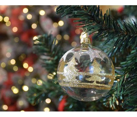 Boule de Noël transparente sapins dorés D8cm