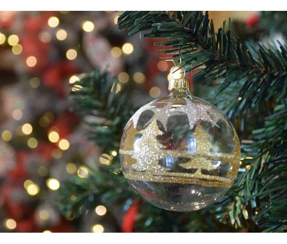 Boule de Noël transparente sapins dorés D8cm