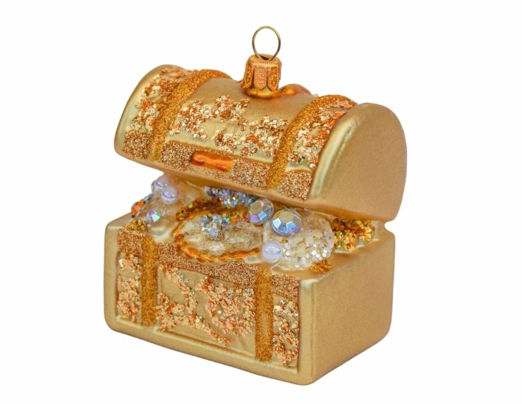 Boule de Noël originale coffre trésor doré H8cm