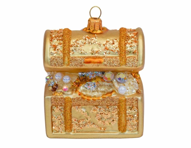 Boule de Noël originale coffre trésor doré H8cm