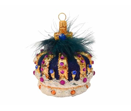 Boule de Noël luxe couronne bleue verre soufflé H11cm