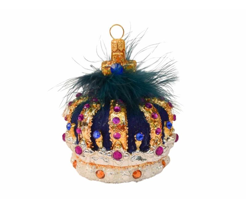 Boule de Noël luxe couronne bleue verre soufflé H11cm
