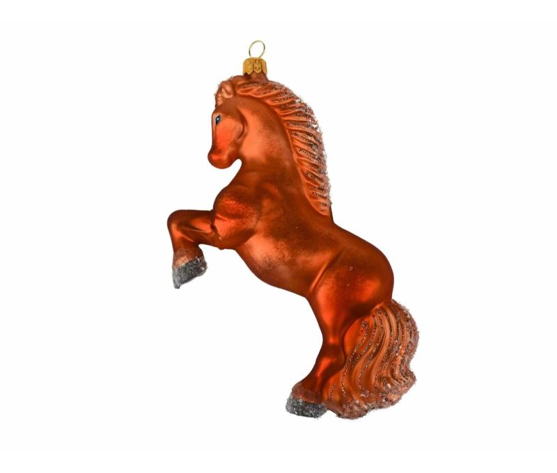 Suspension Noël verre soufflé cheval cabré alezan roux crinière longue reflets givrés peint à la main H20cm