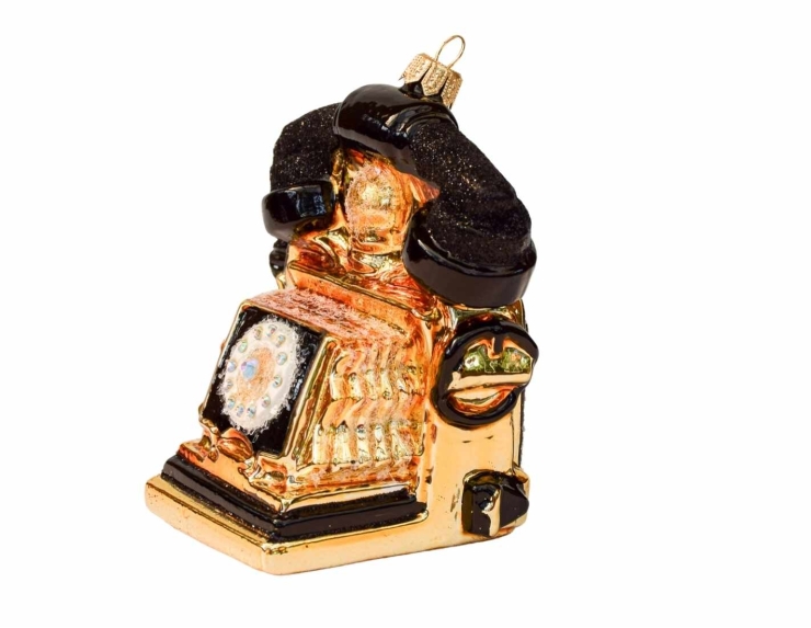 Suspension de Noël téléphone doré verre soufflé H11cm