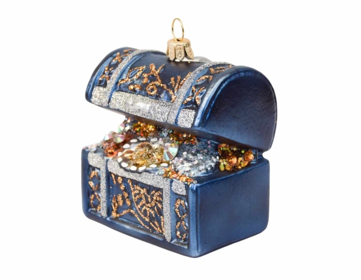 Boule de Noël originale coffre trésor bleu H8cm