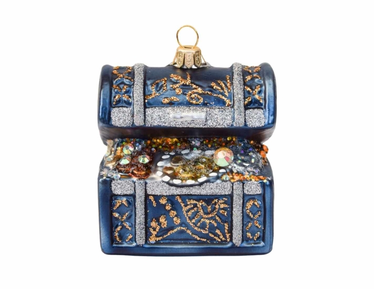 Boule de Noël originale coffre trésor bleu H8cm