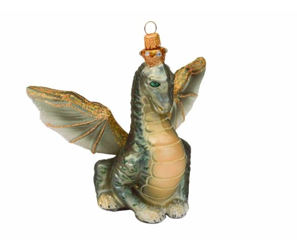 Suspension Noël verre soufflé dragon vert doré ailes déployées couronne yeux verts H13cm