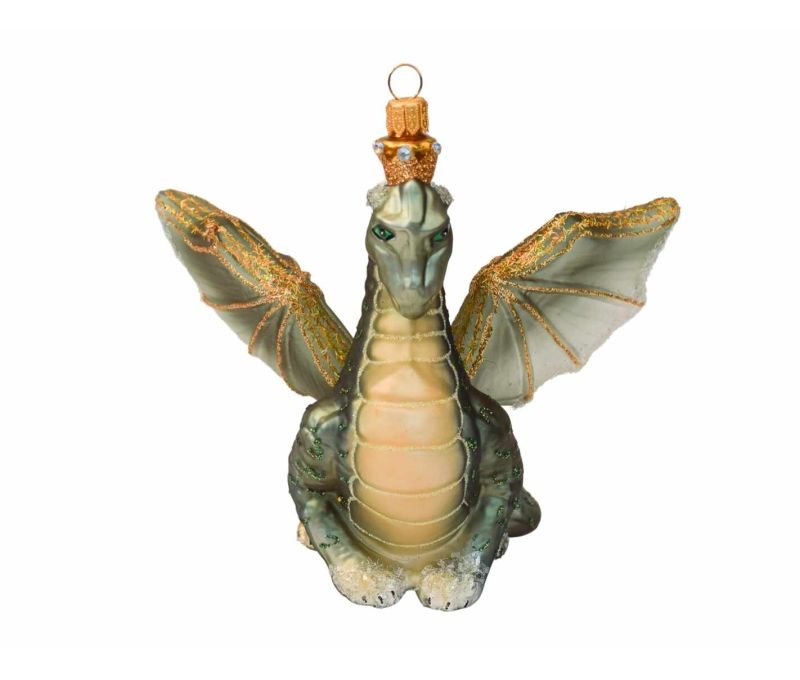 Suspension Noël verre soufflé dragon vert doré ailes déployées couronne yeux verts H13cm