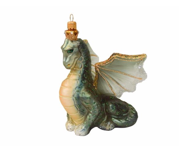 Suspension Noël verre soufflé dragon vert doré ailes déployées couronne yeux verts H13cm