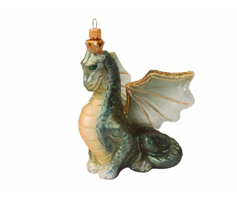 Suspension Noël verre soufflé dragon vert doré ailes déployées couronne yeux verts H13cm