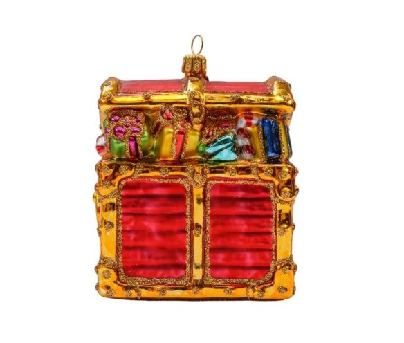 Boule de Noël verre soufflé coffre au trésor rouge et doré détails H12cm