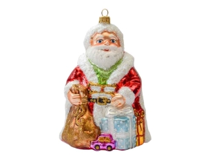 Suspension Père Noël cadeau rouge verre soufflé H17cm