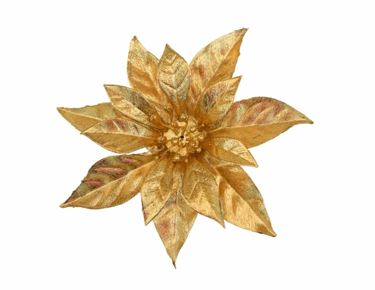 Fleur Poinsettia doré mat sur clip pour sapin D18cm