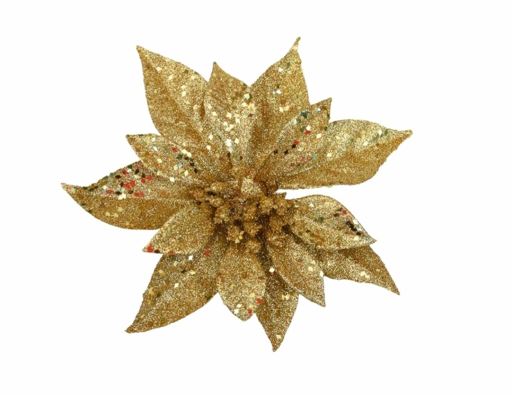 Poinsettia Rose de Noël dorée brillante sur clip D18cm