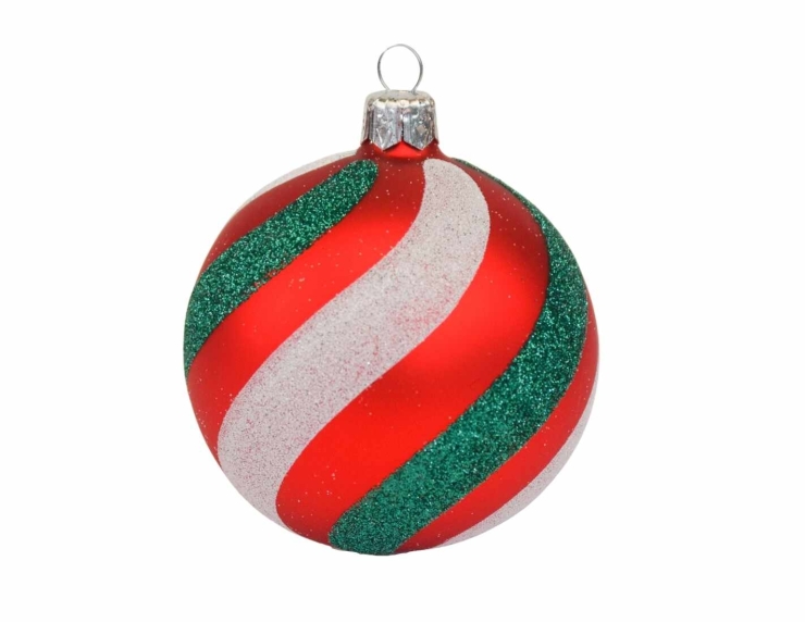 Boule de Noël rouge brillante lignes vertes blanches D10cm