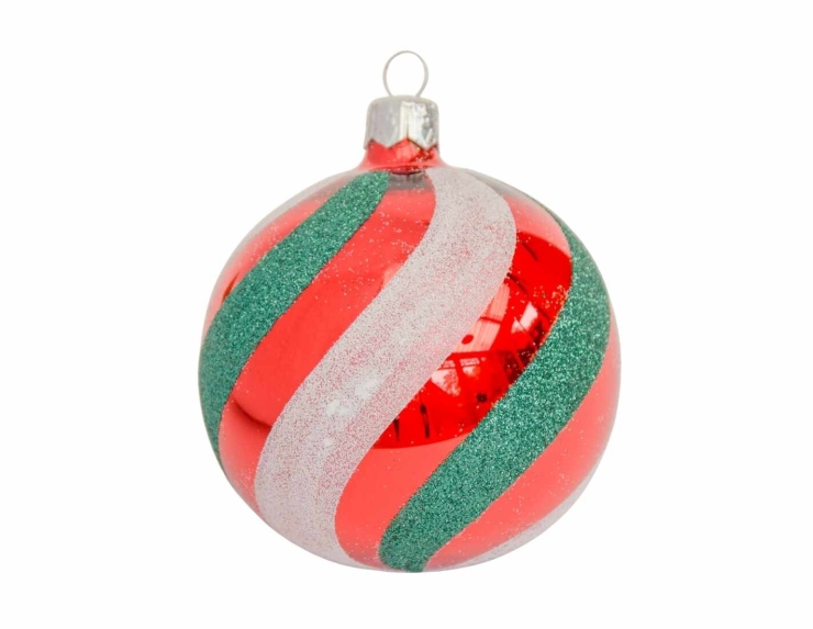 Boule de Noël rouge brillante lignes vertes blanches D8cm