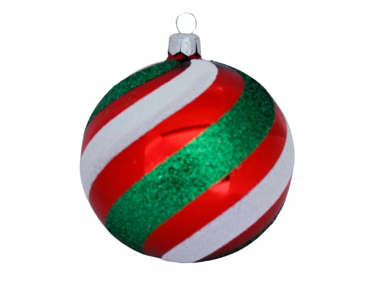 Boule de Noël rouge brillante spirales vertes blanches D8cm