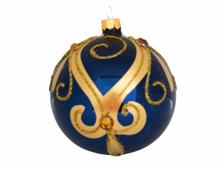 Boule de Noël bleue brillante décors dorés D10cm