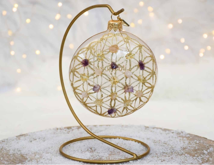 Boule de Noël pierres semi-précieuses fleur de vie D10cm