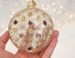 Boule de Noël pierres semi-précieuses fleur de vie D10cm