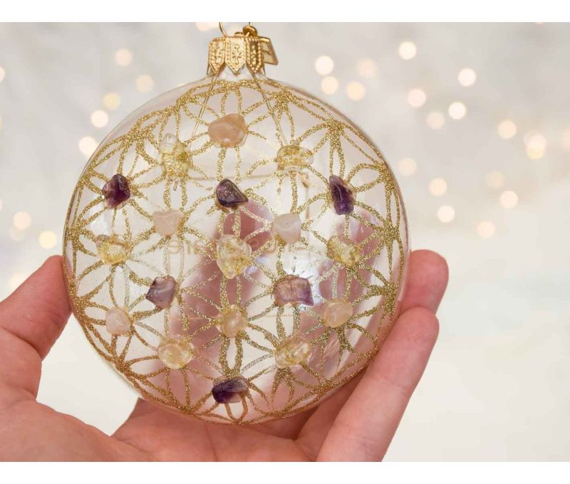 Boule de Noël pierres semi-précieuses fleur de vie D10cm