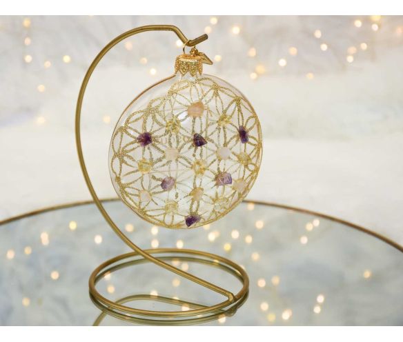 Boule de Noël transparente verre soufflé Fleur de Vie dorée 19 pierres semi-précieuses quartz améthyste D10cm - Lilosquare
