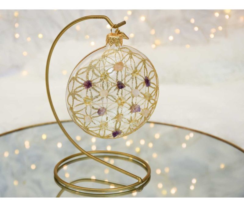 Boule de Noël pierres semi-précieuses fleur de vie D10cm