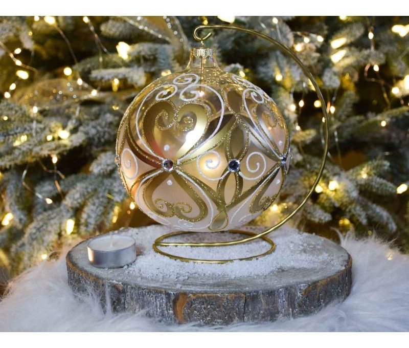 Photophore de Noël décor doré blanc verre soufflé support D15cm