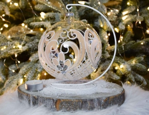 Boule de Noël photophore décor blancs support D15cm