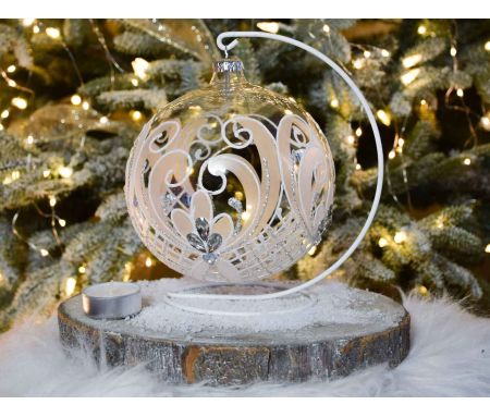 Boule de Noël photophore décor blancs support D15cm