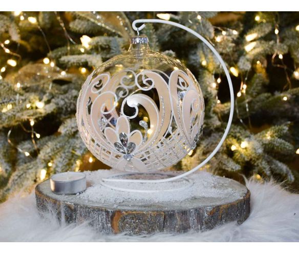 Boule de Noël photophore décor blancs support D15cm