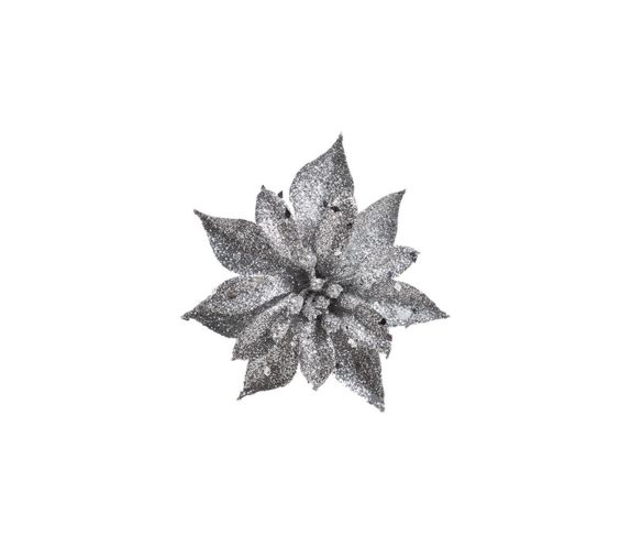 Fleur Poinsettia argentée paillетéе pince Noël D8cm