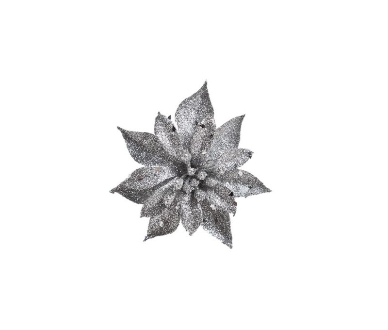 Fleur Poinsettia argentée paillетéе pince Noël D8cm