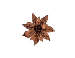 Petite fleur de Noël Poinsettia bronze pailleté avec clip.
Diamètre 8cm.