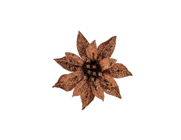 Petite fleur de Noël Poinsettia bronze pailleté avec clip.

Diamètre 8cm.
